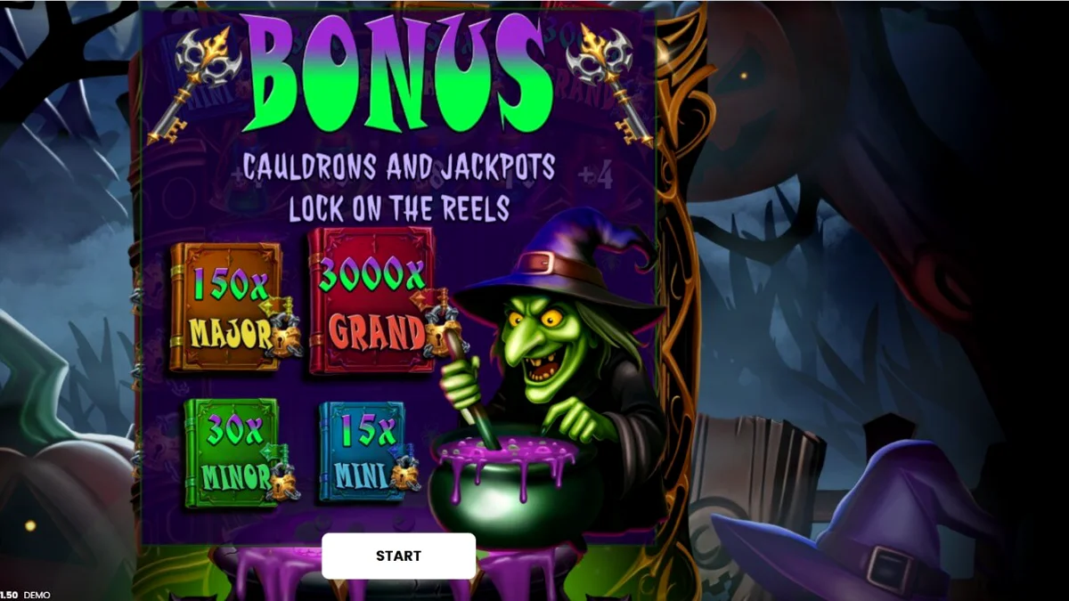 Tampilan visual slot Witches’ Fortune: Hold & Win dengan tema penyihir dan ramuan ajaib.