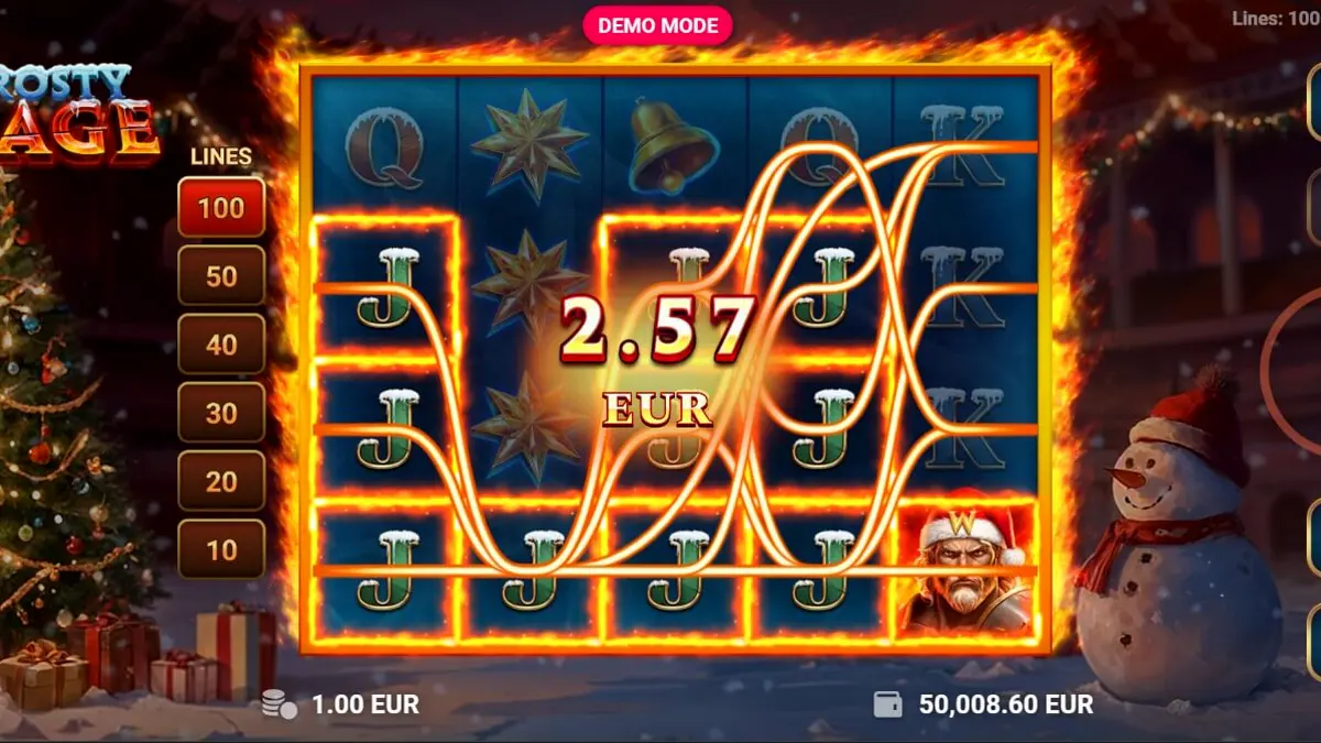 Tampilan visual slot Frosty Rage dengan latar belakang musim dingin dan simbol gladiator.